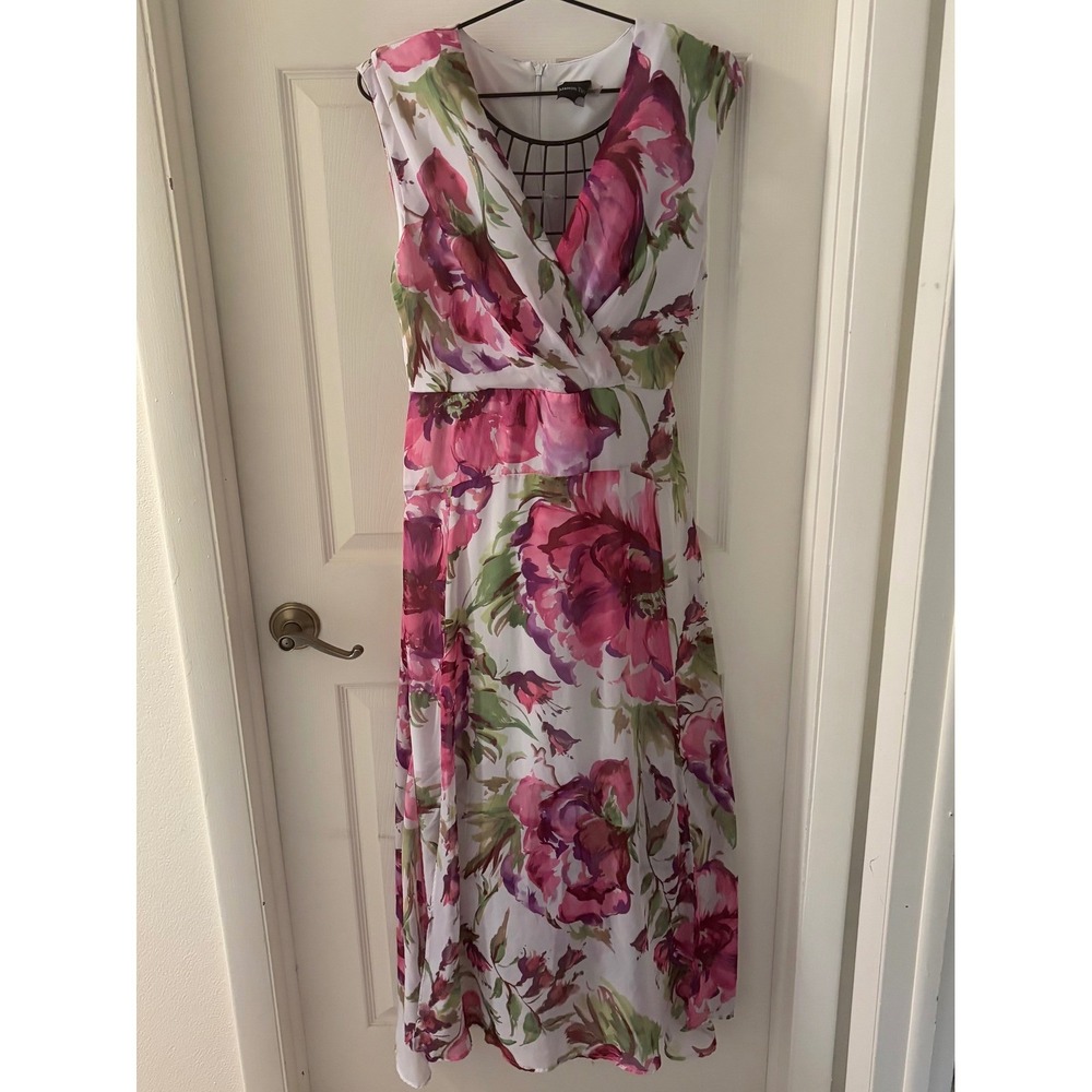 Maison Tara Womens 14 Pink Floral Sleeveless V Neck A Line Dress